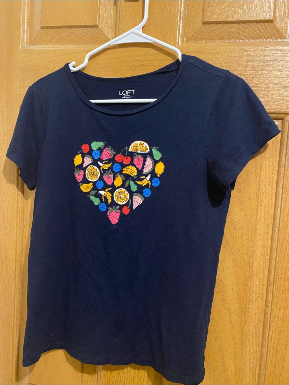 LOFT Navy Tee with Colorful Fruit Heart Graphic